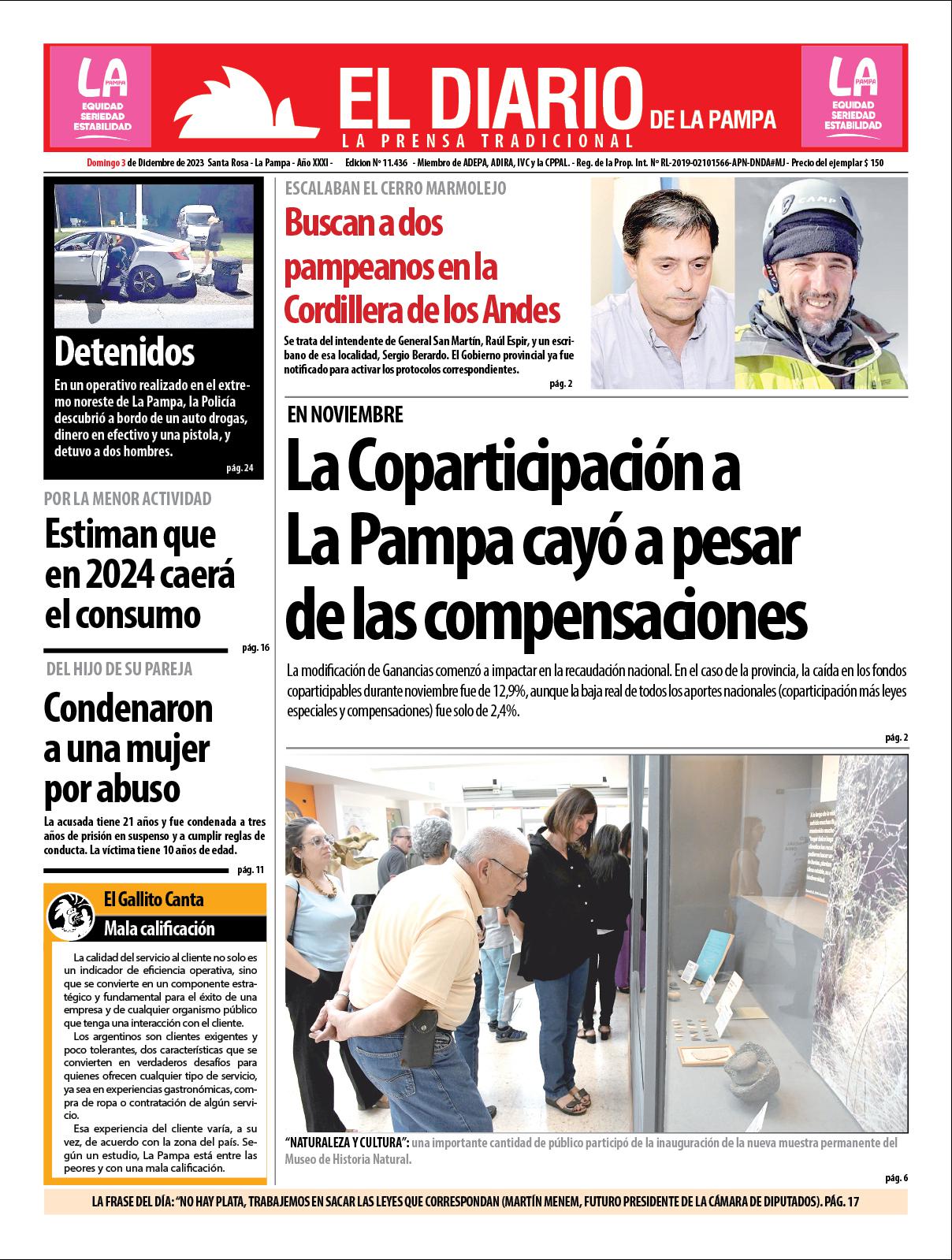 Tapa de El Diario en papel  domingo 03 de diciembre de 2023